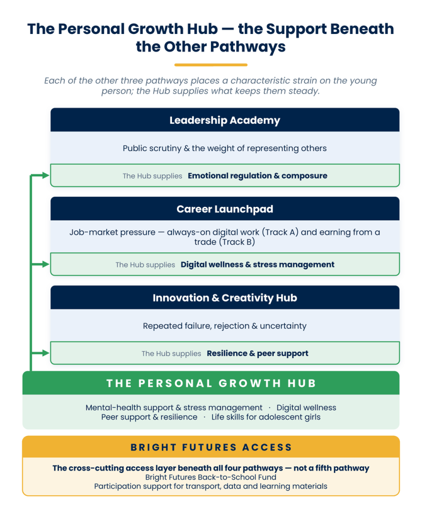 Diagram: the Personal Growth Hub beneath BFI Foundation's other three pathways, with Bright Futures Access beneath all four.
